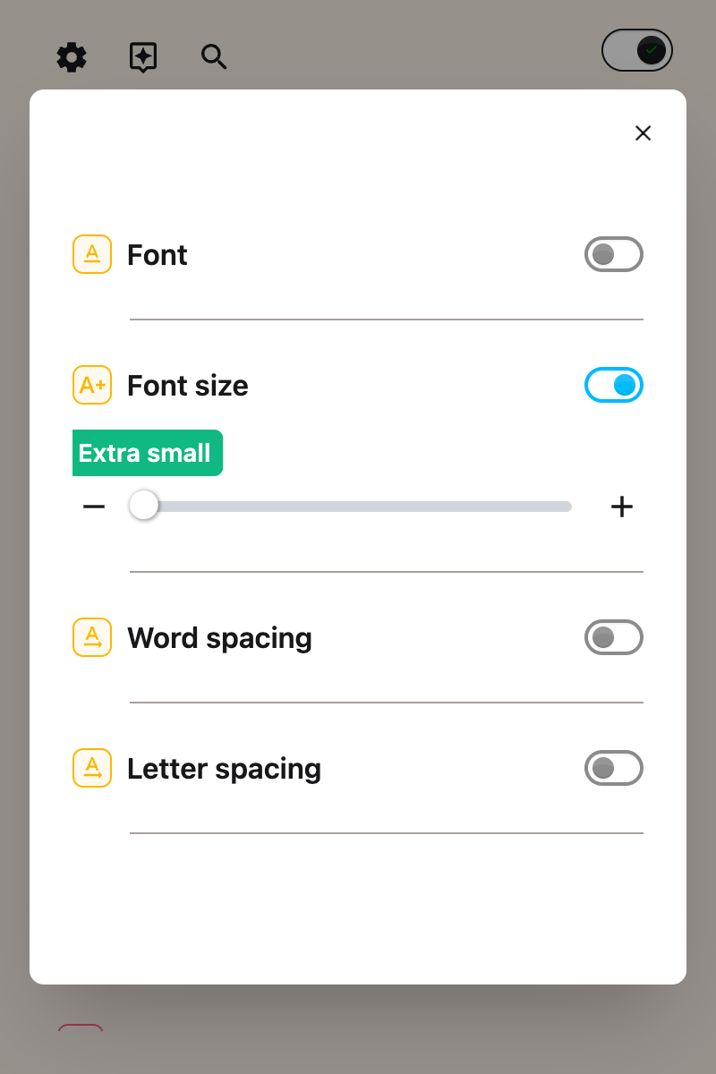 The Font size toggle switched on in the Helperbird popup