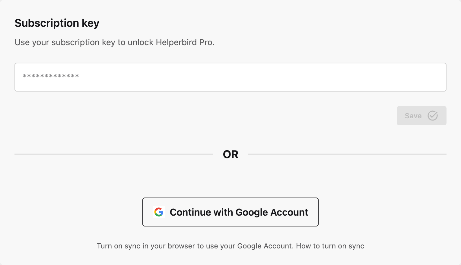 The Google Account section of the Helperbird settings page, with the Continue with Google Account button