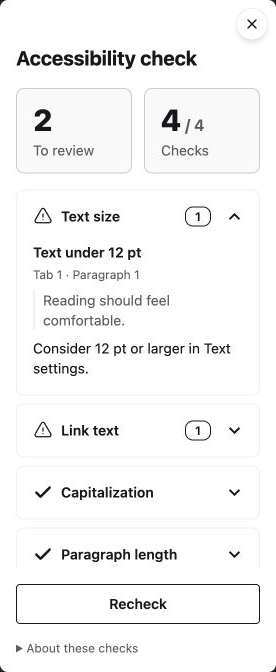 Google Docs Accessibility check showing text size, link text, capitalization and paragraph length checks.