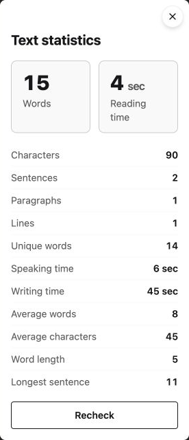 Text statistics in the Google Docs add-on with word count, reading time, text measures and Recheck.