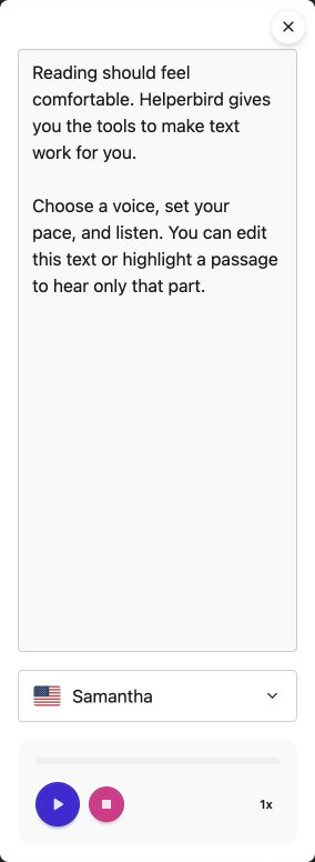 Text to speech with an editable passage, Samantha voice and United States flag, Play and Stop buttons, and 1x speed.