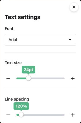 Google Slides Text settings with Arial selected, 24 pt text size and 120% line spacing.
