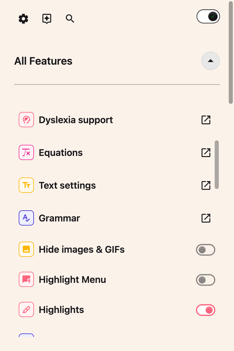 The All Features list scrolled to show the Grammar row