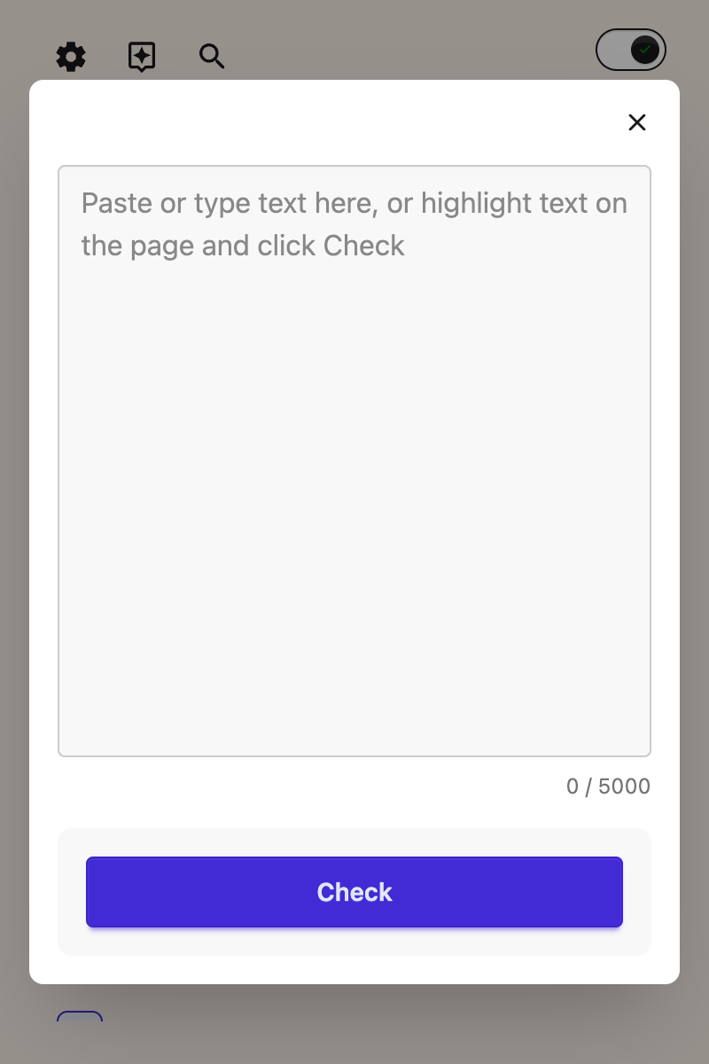 The Grammar Check panel open in the Helperbird popup, with an empty box for your text and a Check button