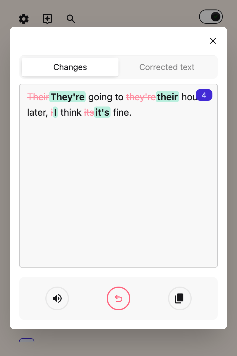 The Grammar Check panel showing the corrected text, with the changes marked against what was typed