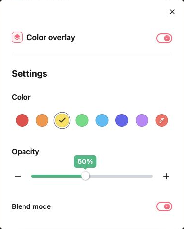 Color overlay enabled with yellow selected, an opacity slider at 50 percent, and blend mode on.