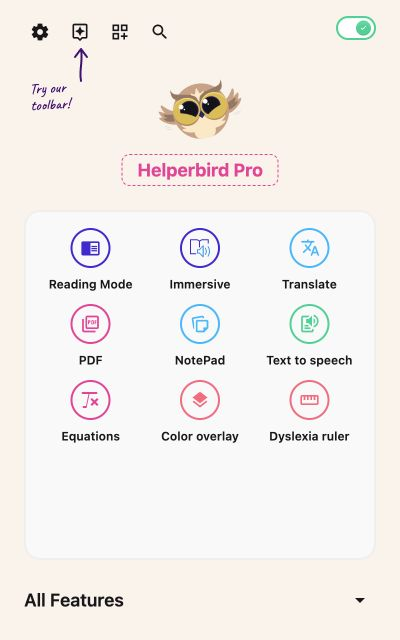 Helperbird extension home with the main switch on at the top right, a Settings gear, and shortcuts for reading tools.