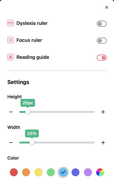 Reading guide enabled in Dyslexia support, with height and width sliders and blue selected from the rainbow color presets.