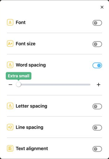 Text settings showing font, font size, word spacing, letter spacing, line spacing and alignment. Word spacing is enabled with a slider and minus and plus buttons.