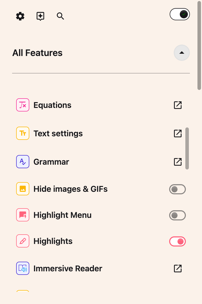 The All Features list scrolled to show the Hide images & GIFs row and its toggle