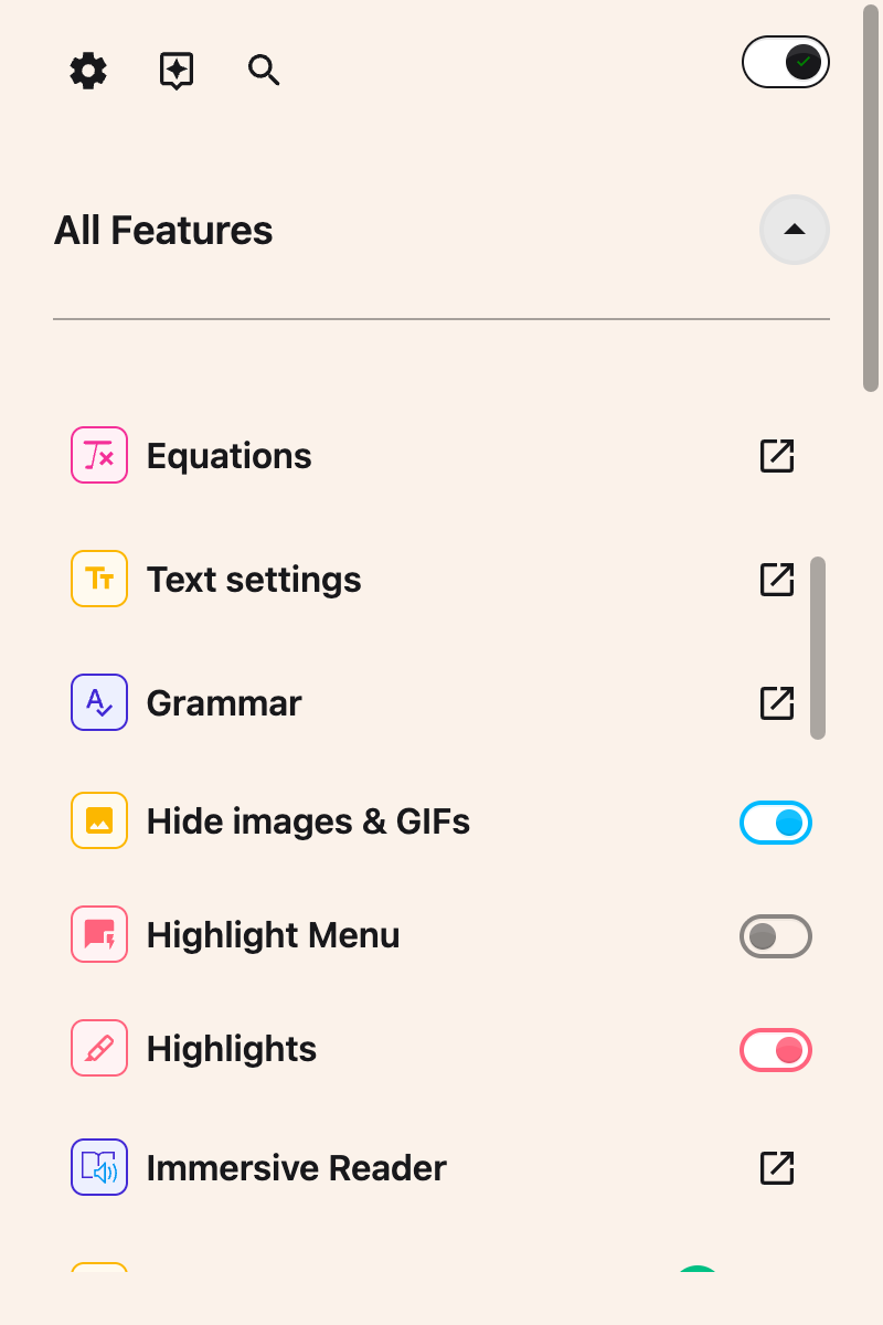 The Hide images & GIFs toggle switched on in the All Features list