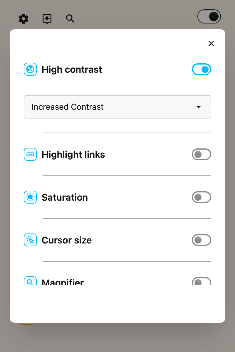 The Display panel in Helperbird with High contrast switched on and the theme box showing Increased Contrast