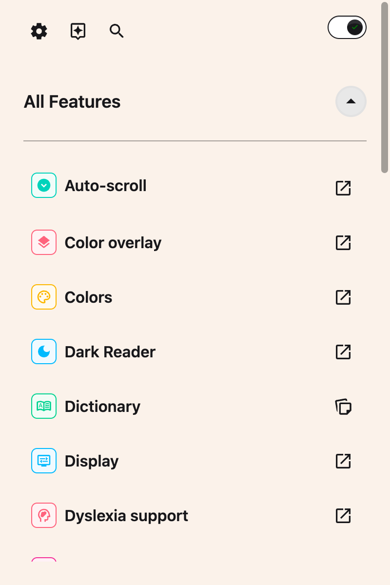 The All Features list scrolled to show the Colors row and its Open button