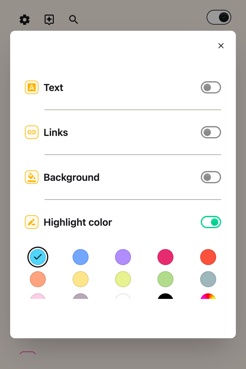 The Highlight color options shown after the toggle is switched on
