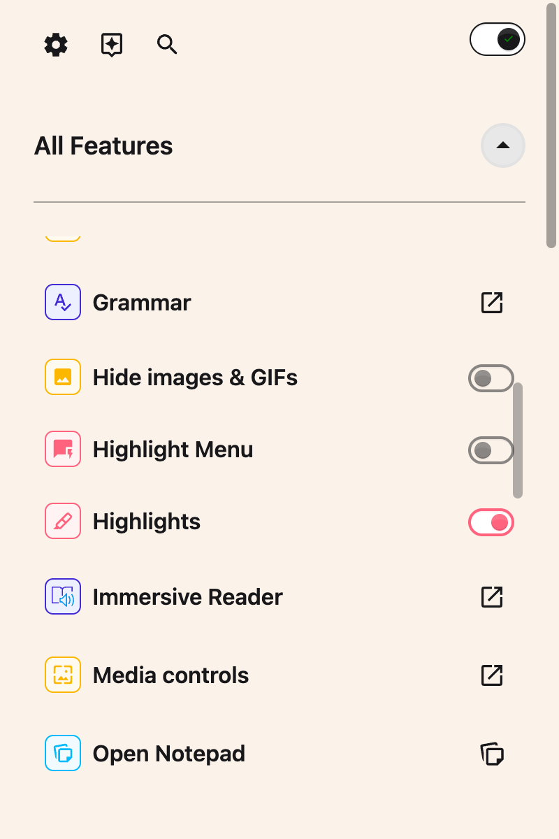 The Highlights row in Helperbird's All Features list, whose toggle hides and shows your saved highlights without deleting them