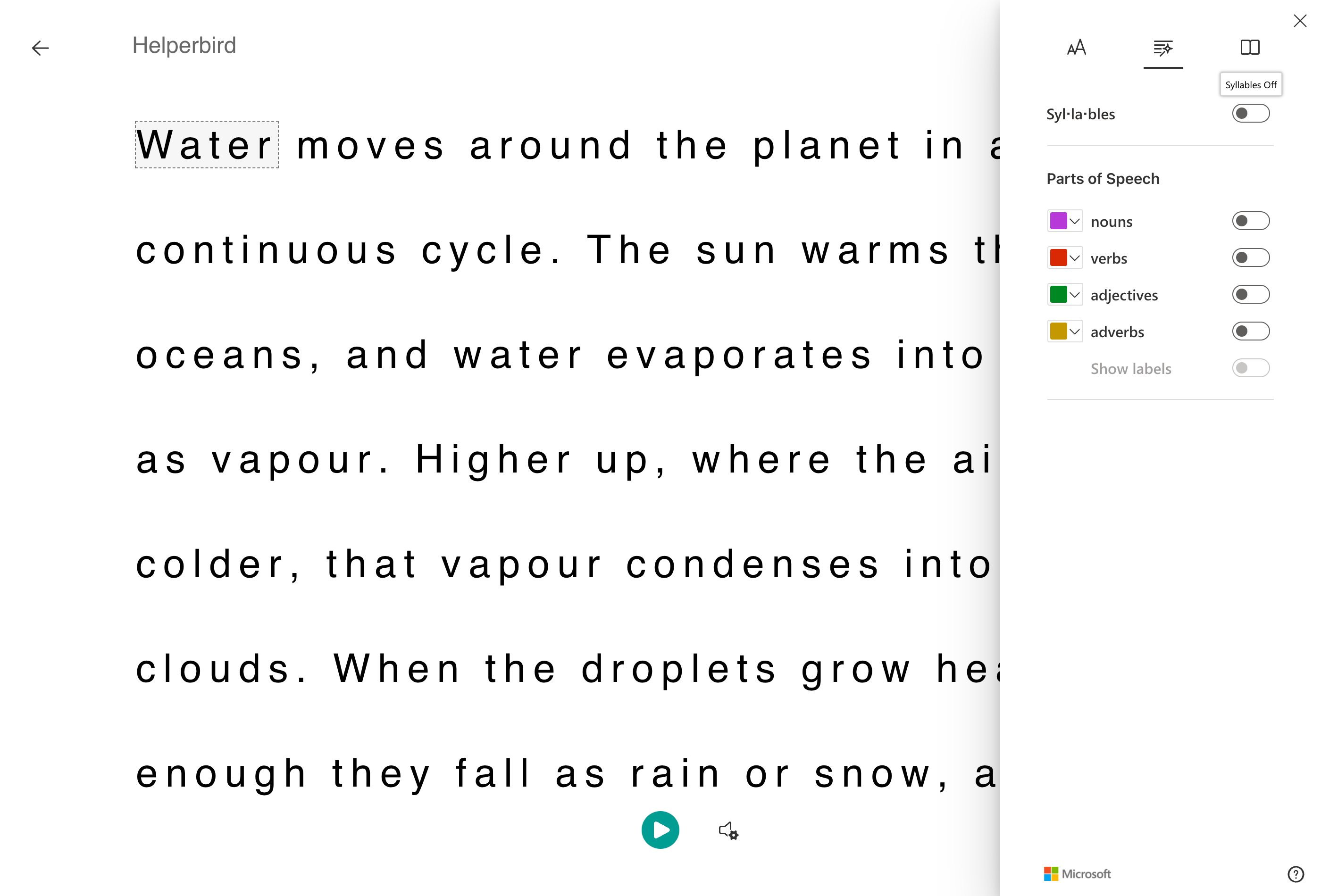 The Grammar Options panel in Immersive Reader, with syllable splitting and the parts of speech highlighting