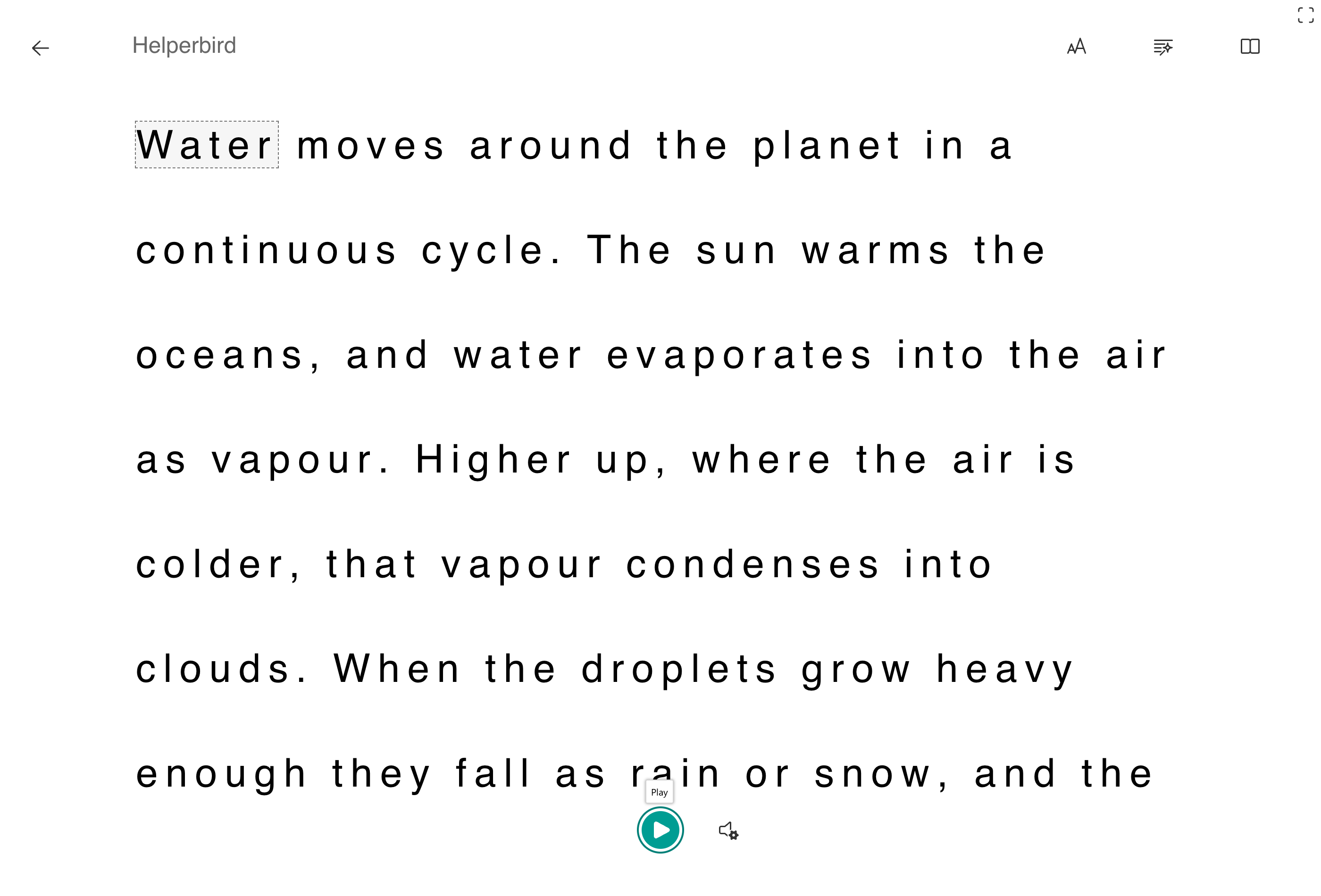 A web page opened in Immersive Reader, with large spaced text, the play controls at the bottom and the three preference buttons at the top right
