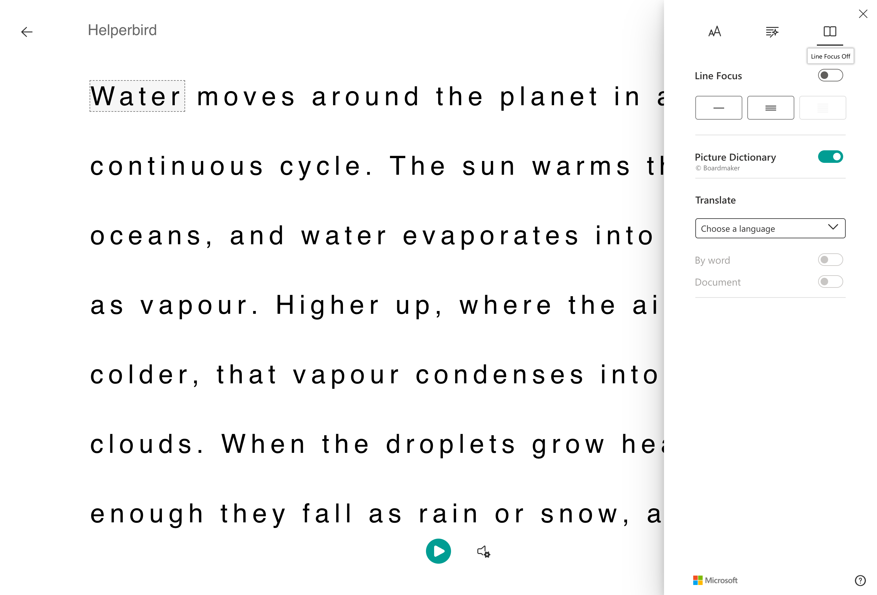 The Reading Preferences panel in Immersive Reader, with line focus, the picture dictionary and translation