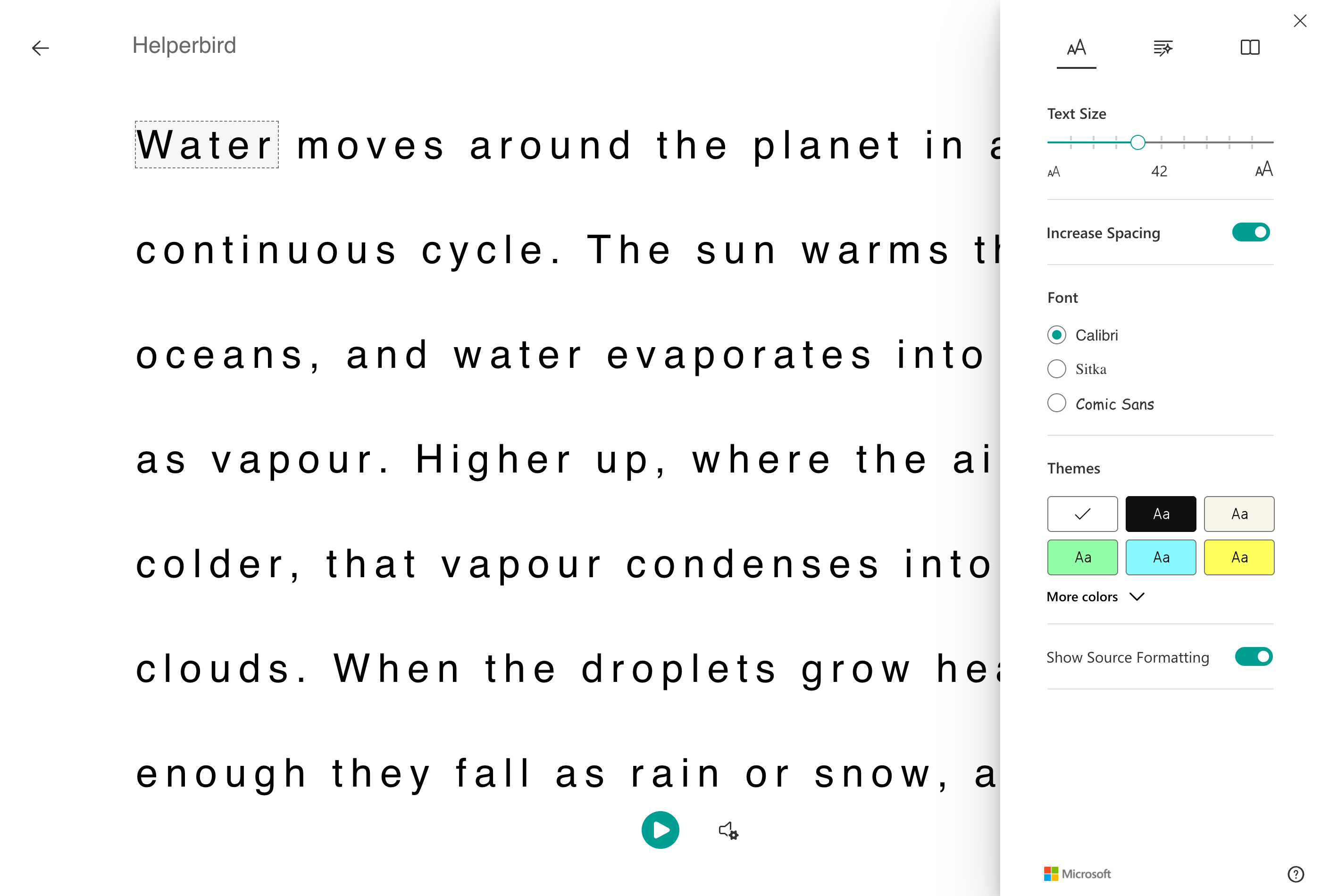 The Text Preferences panel in Immersive Reader, with text size, spacing, font and colour themes