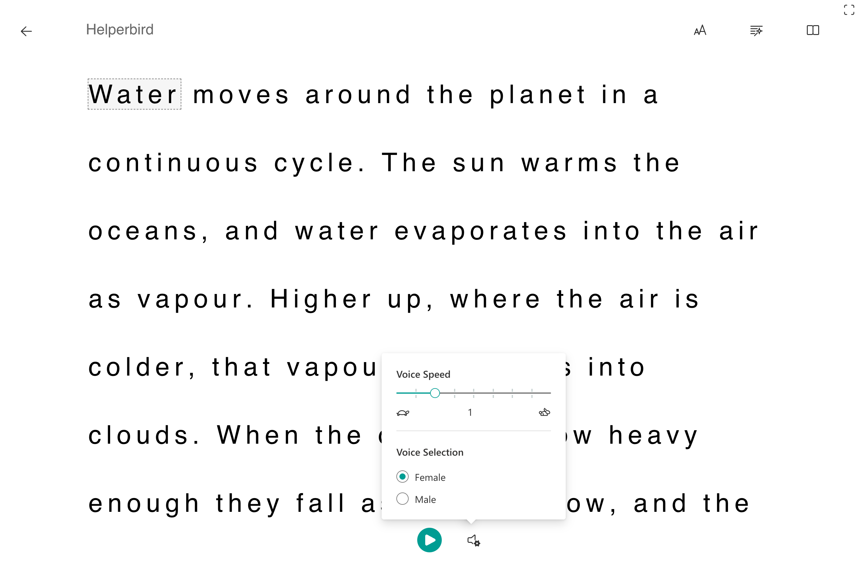 The voice settings in Immersive Reader, for choosing the voice and how fast it reads