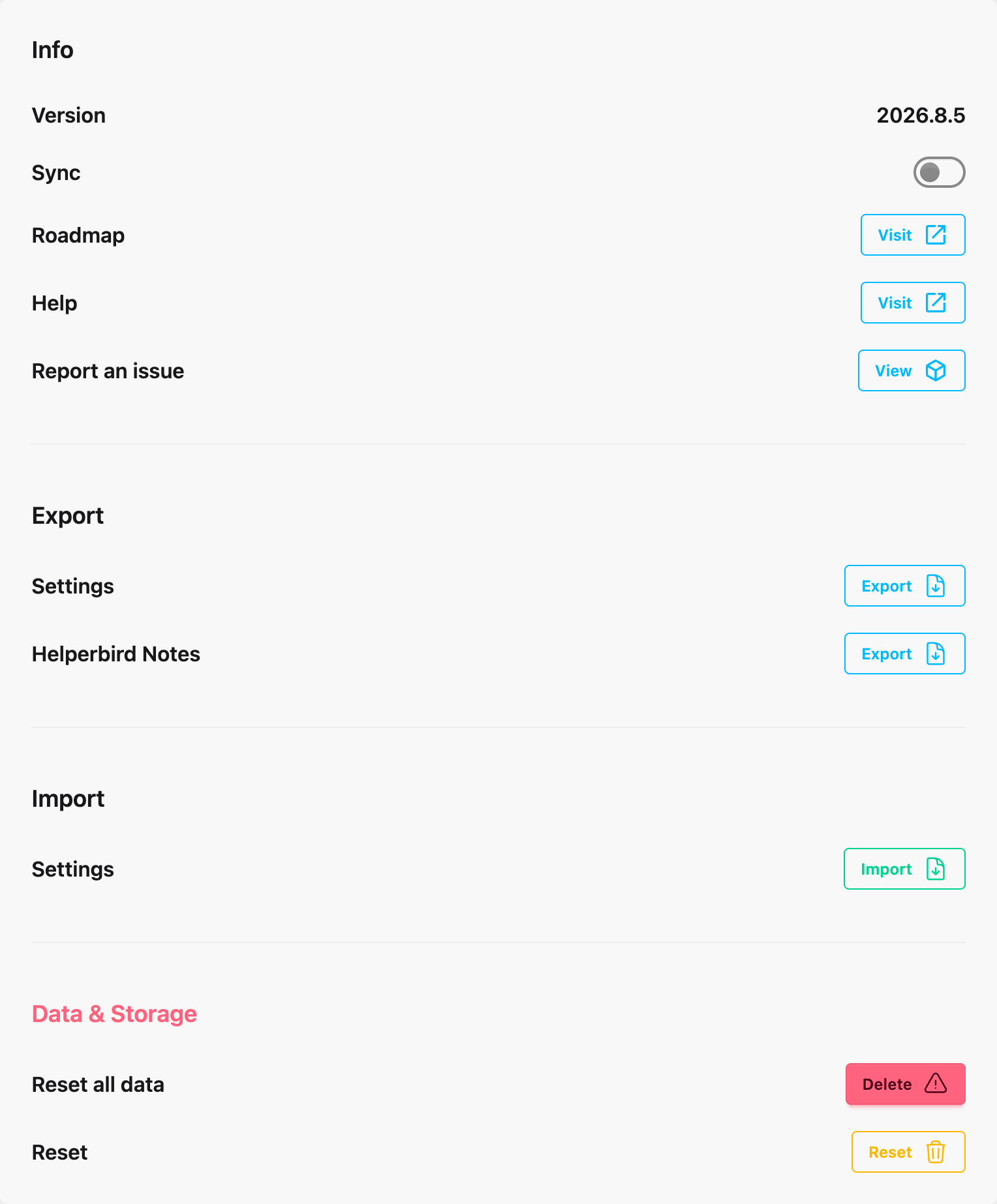 The Import section of the Helperbird settings page, where you load settings from a file