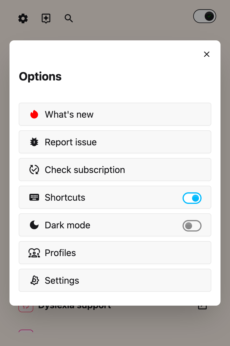 The Shortcuts toggle switched on in the Helperbird Options list