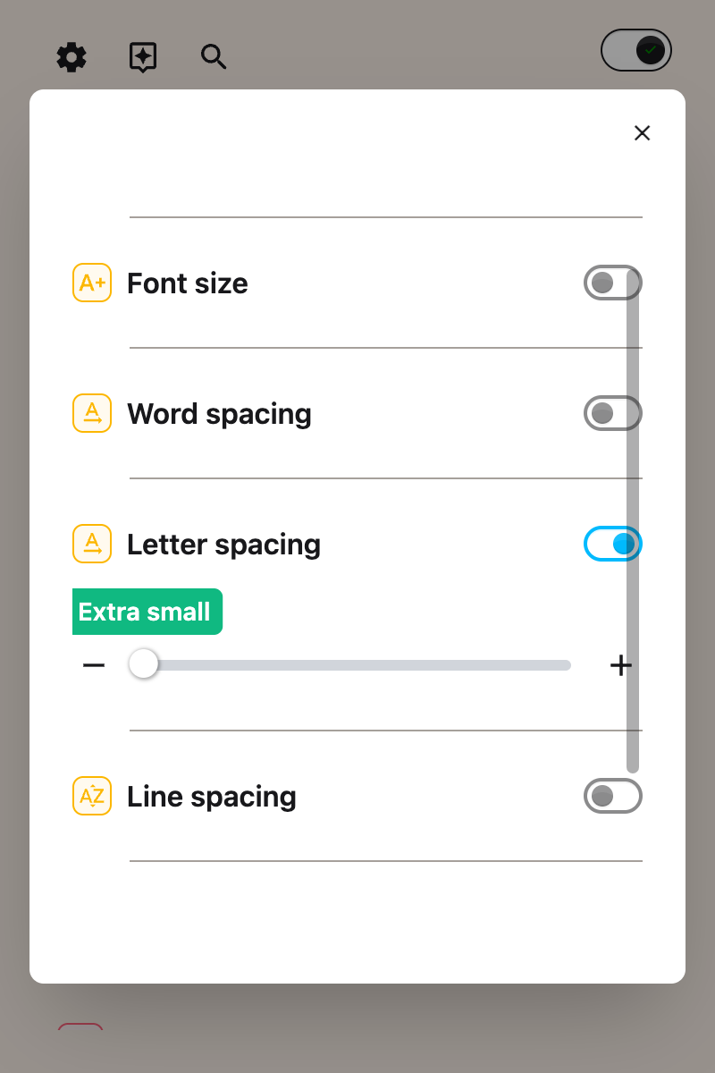 The Letter spacing toggle switched on in the Helperbird popup