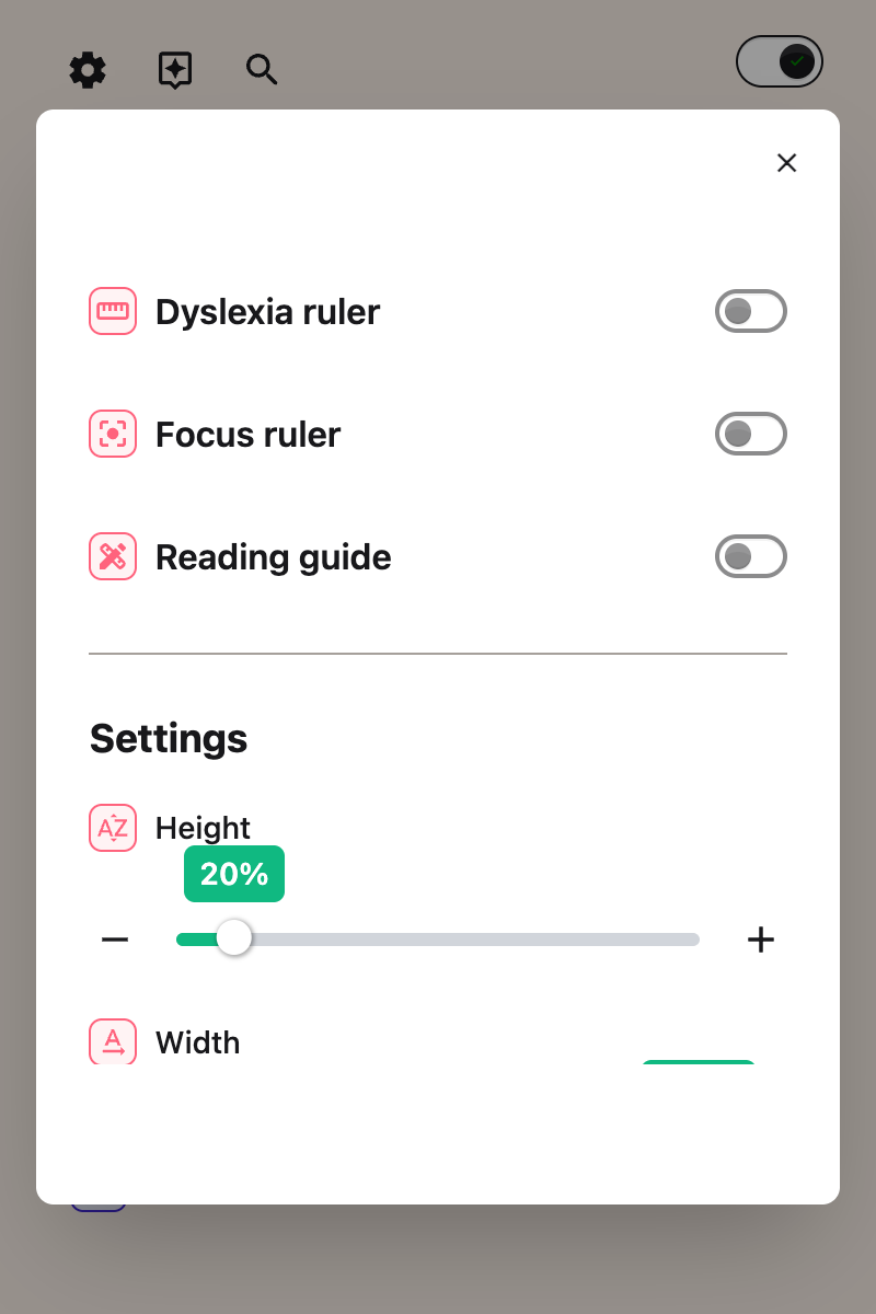 The Dyslexia support panel open in the Helperbird popup, showing the Line focus control
