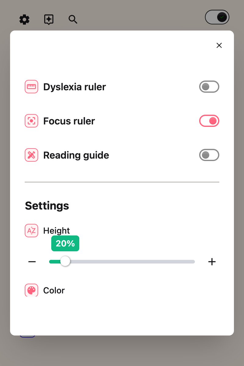 The Line focus toggle switched on in the Helperbird popup