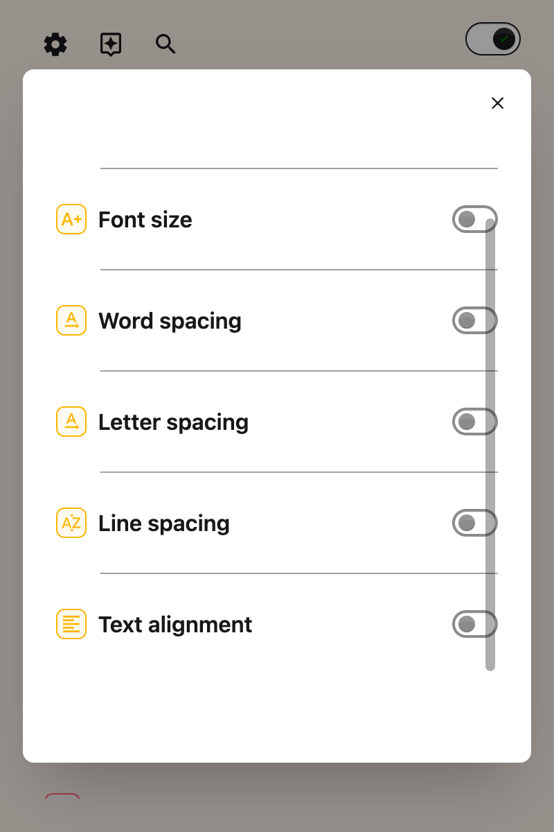 The Text settings panel open in the Helperbird popup, showing the Line spacing control