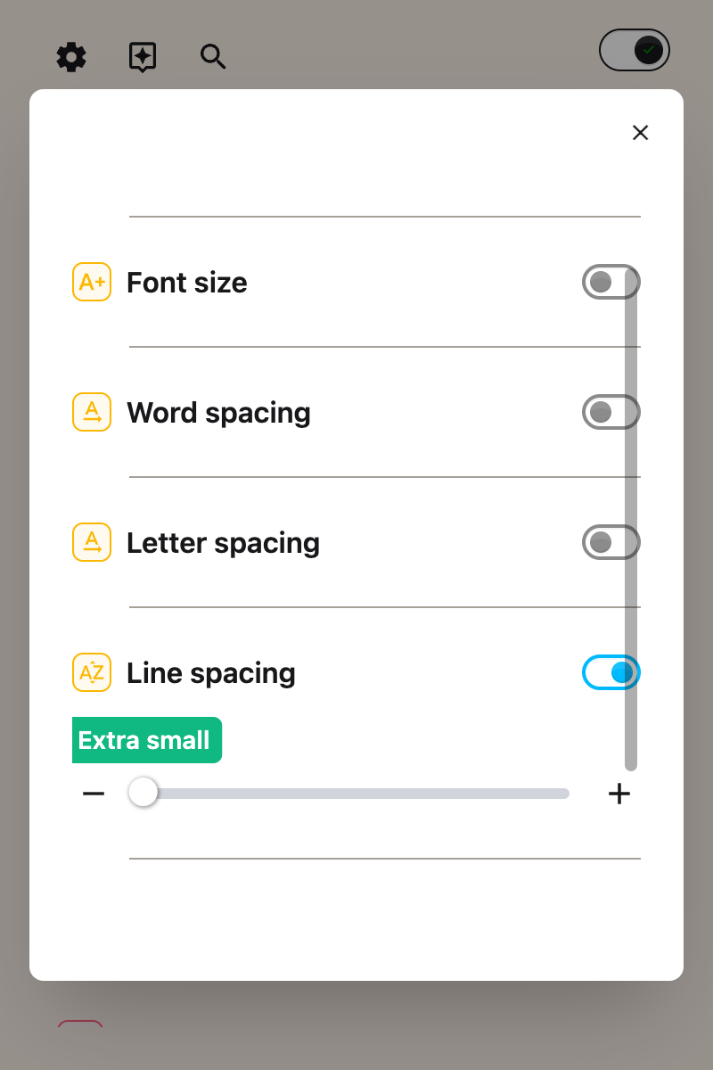 The Line spacing toggle switched on in the Helperbird popup