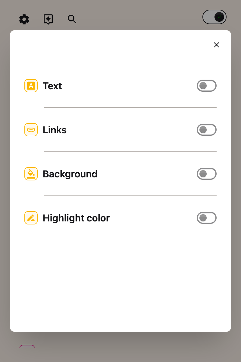 The Colors panel open in the Helperbird popup, showing the Link color control