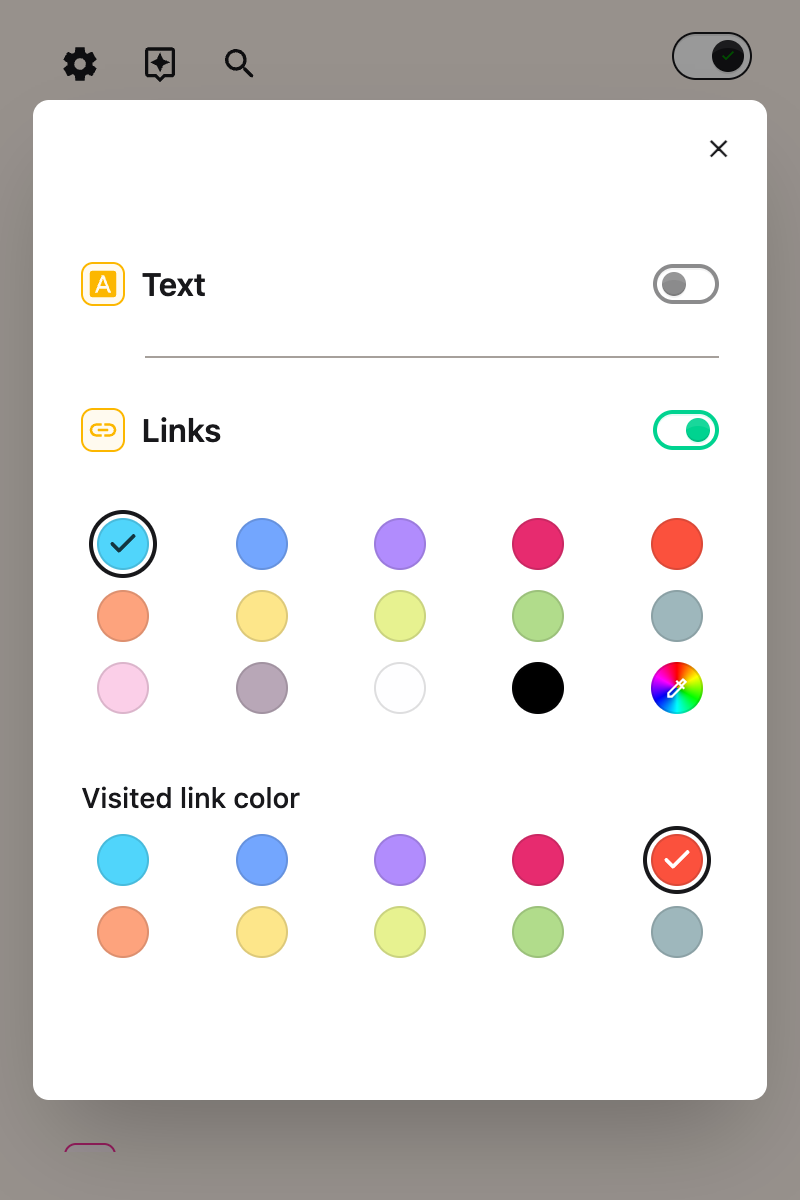 The Link color options shown after the toggle is switched on
