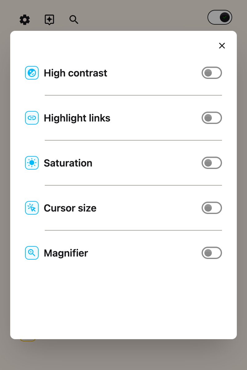 The Display panel open in the Helperbird popup, showing the Magnifier control