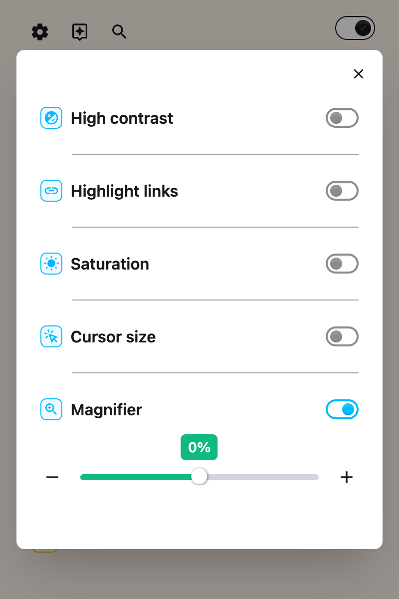 The Magnifier toggle switched on in the Helperbird popup