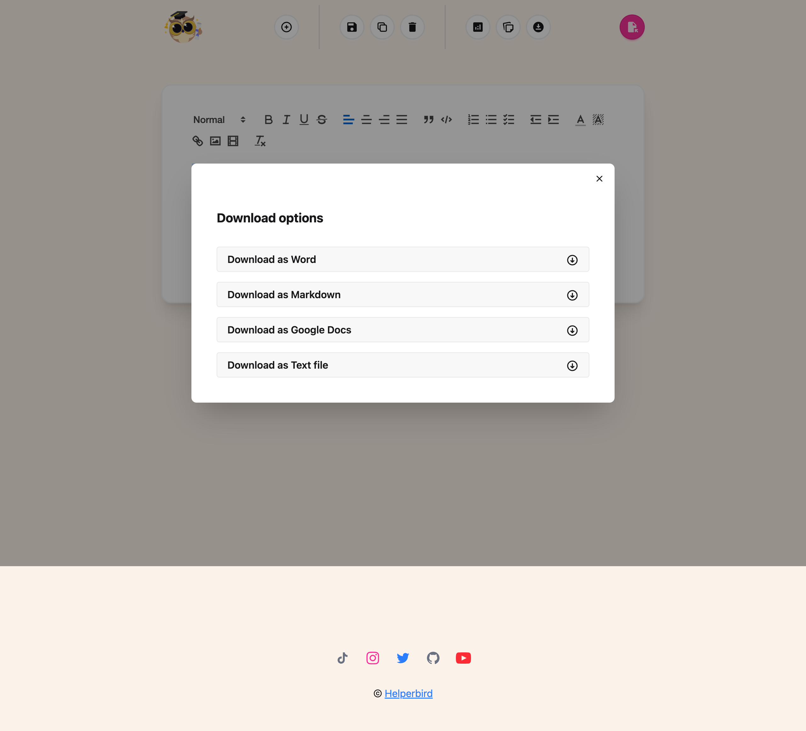 The download options in the Helperbird Notepad, offering Word, Markdown, Google Docs and a text file