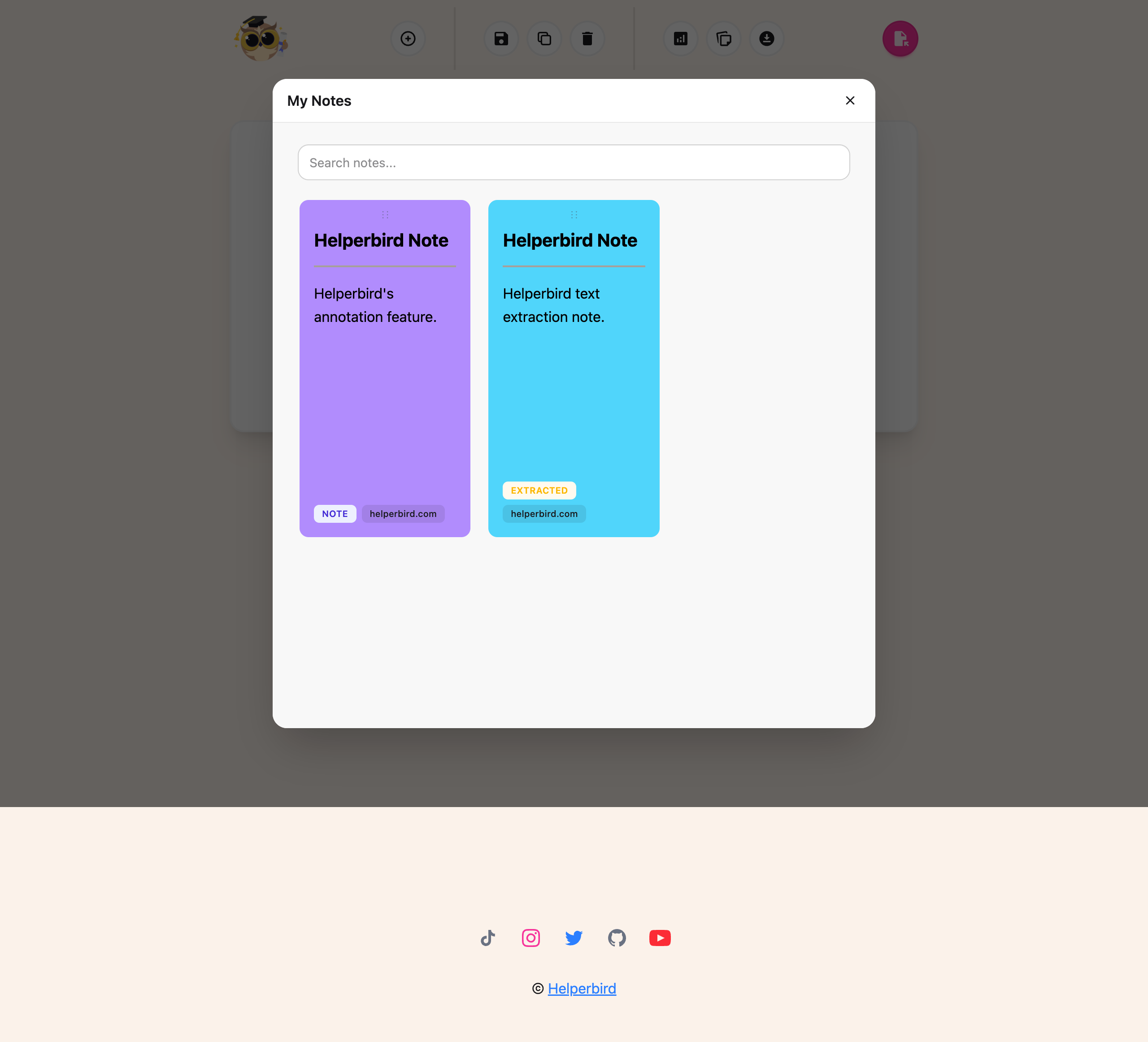 The My Notes view in Helperbird, showing saved notes and highlights with filters for All and Highlights