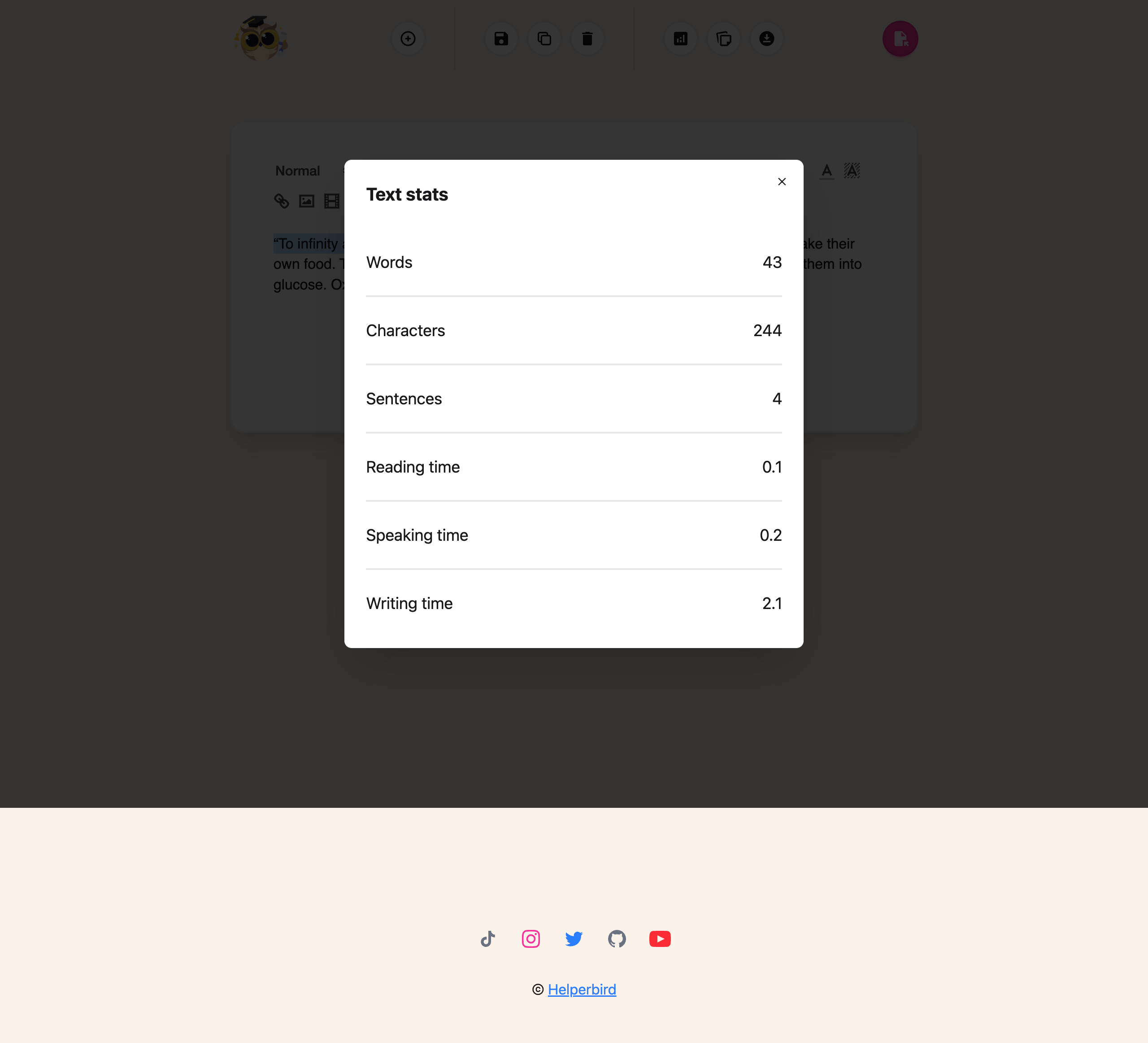 The Text stats window in the Helperbird Notepad, showing words, characters, sentences, reading time, speaking time and writing time