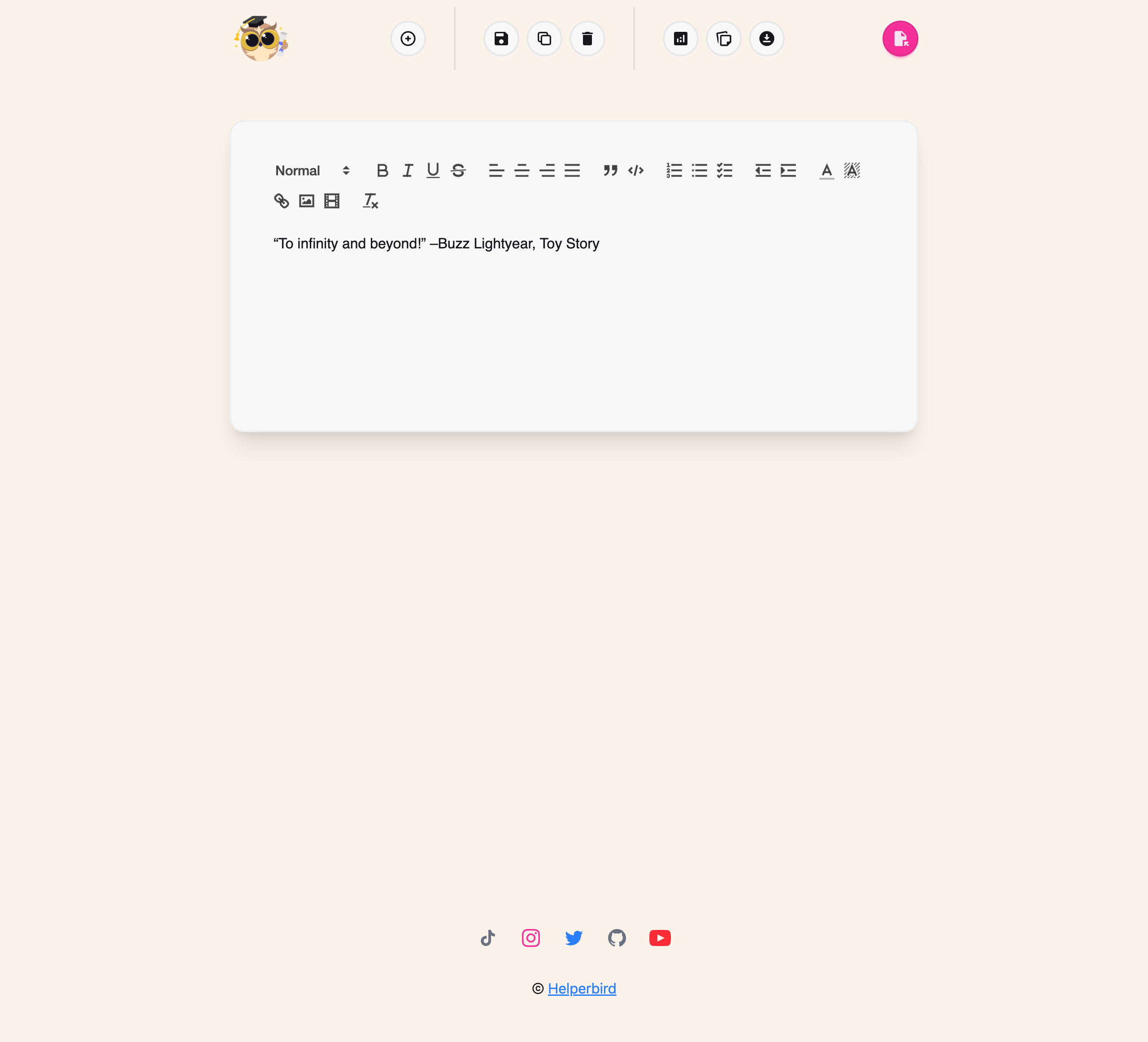 The Helperbird Notepad toolbar, with New document, Save, Copy, Delete, Text stats, My Notes, Notepad options and View
