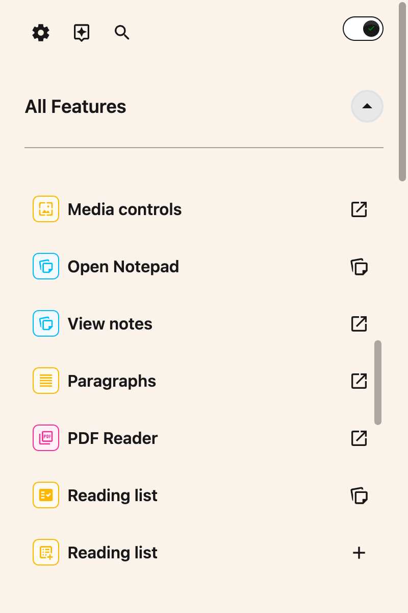 The All Features list scrolled to show the Paragraphs row and its Open button