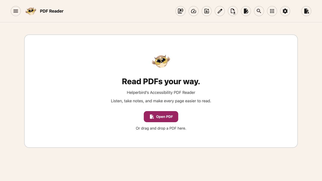 The PDF Reader welcome screen with an Open PDF button.
