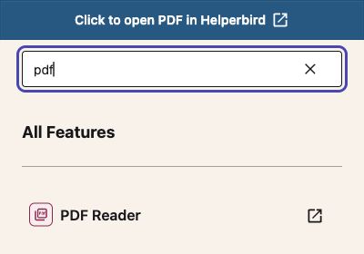 Helperbird search results for pdf, with the PDF Reader row and its Open PDF Reader button.