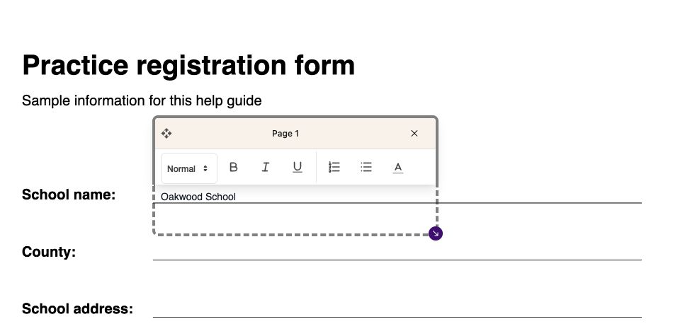 A sample school-name answer in a text box on a PDF form, with the next form lines visible.