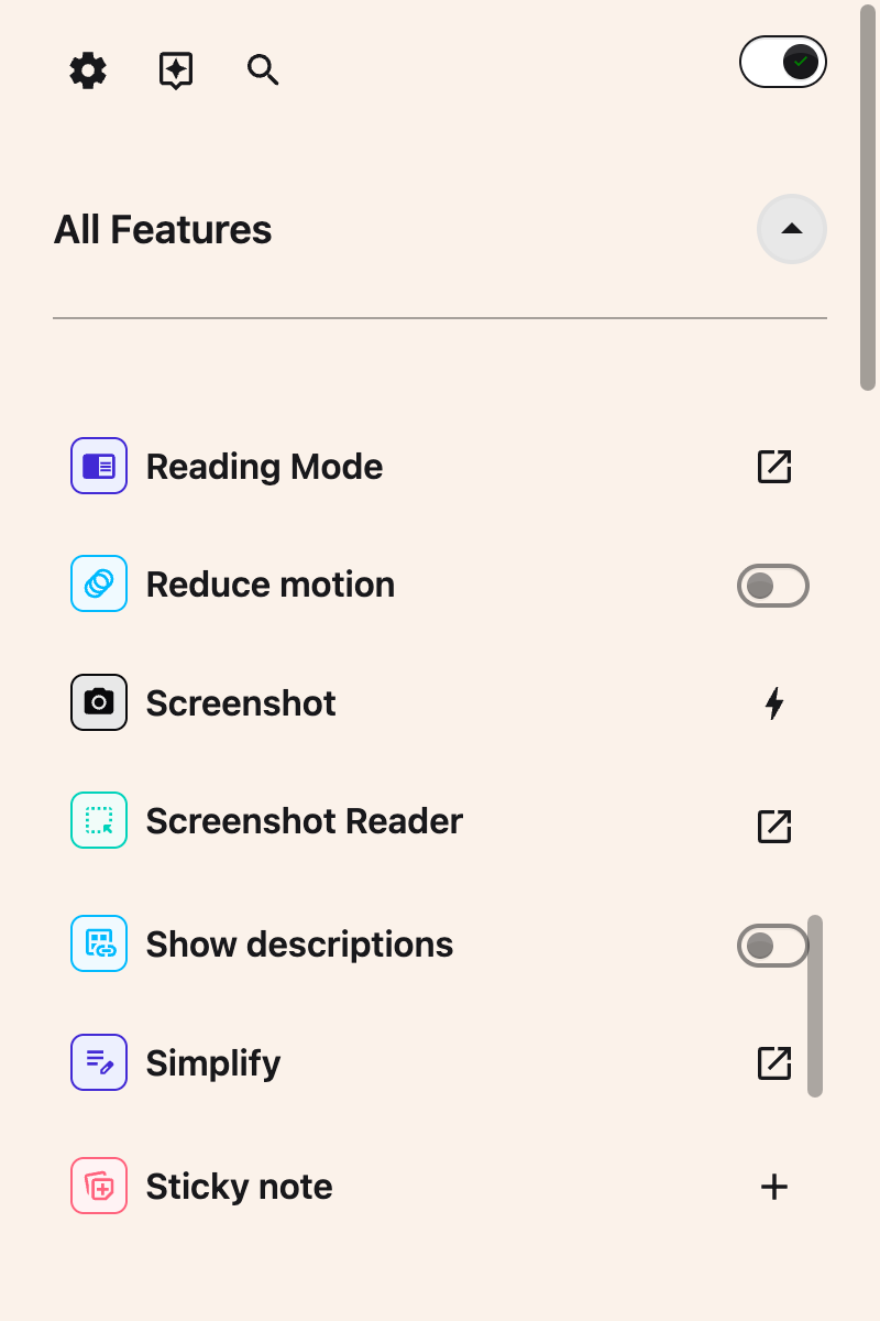 The All Features list scrolled to show the Screenshot Reader row