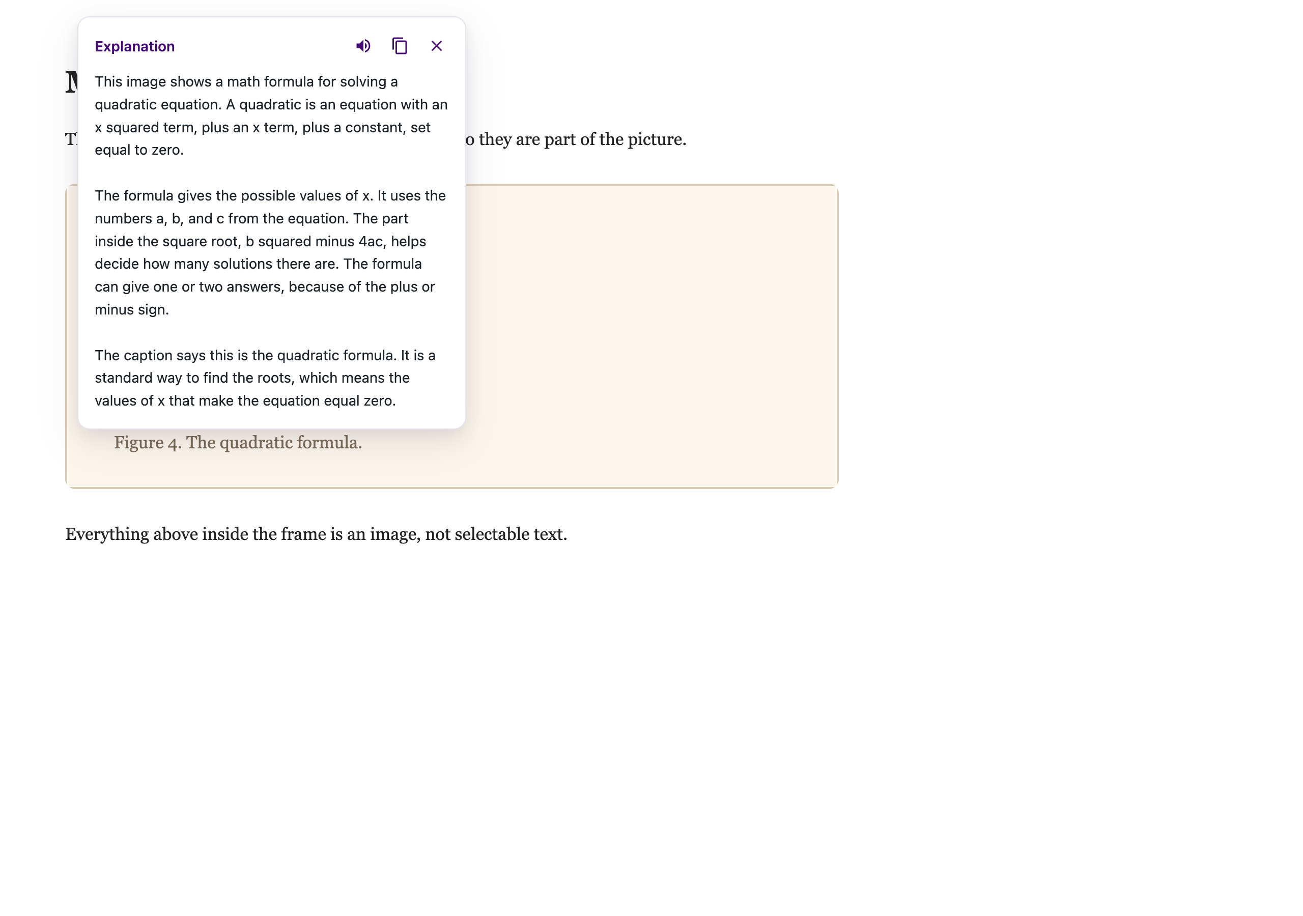 The Screenshot Reader card explaining a captured equation in plain language, picked up without choosing any mode