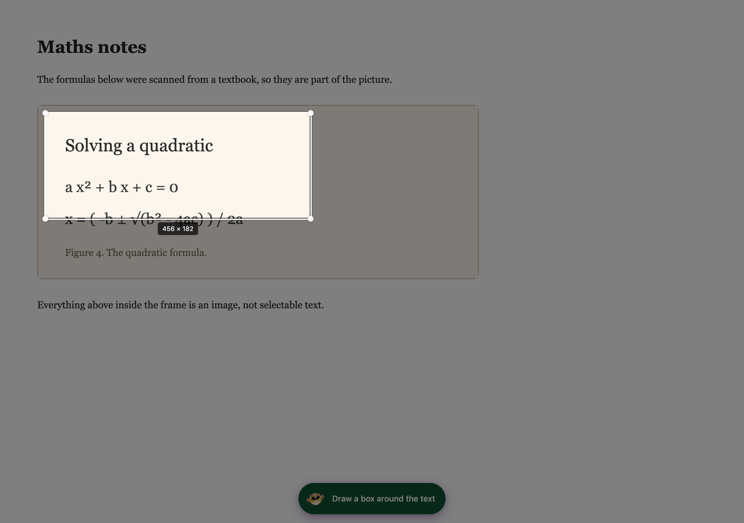 A selection box being drawn around equations inside an image on a web page