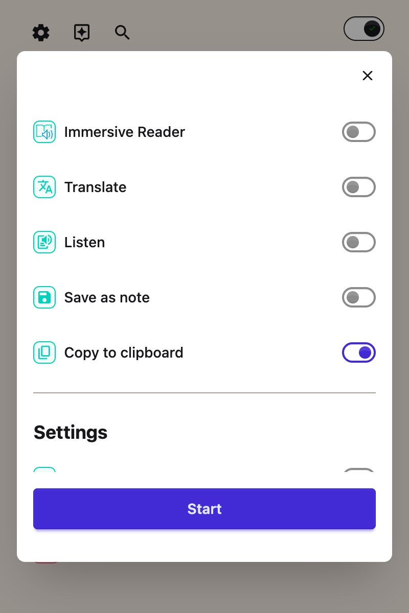 The Extract Text panel in Helperbird showing the available output options