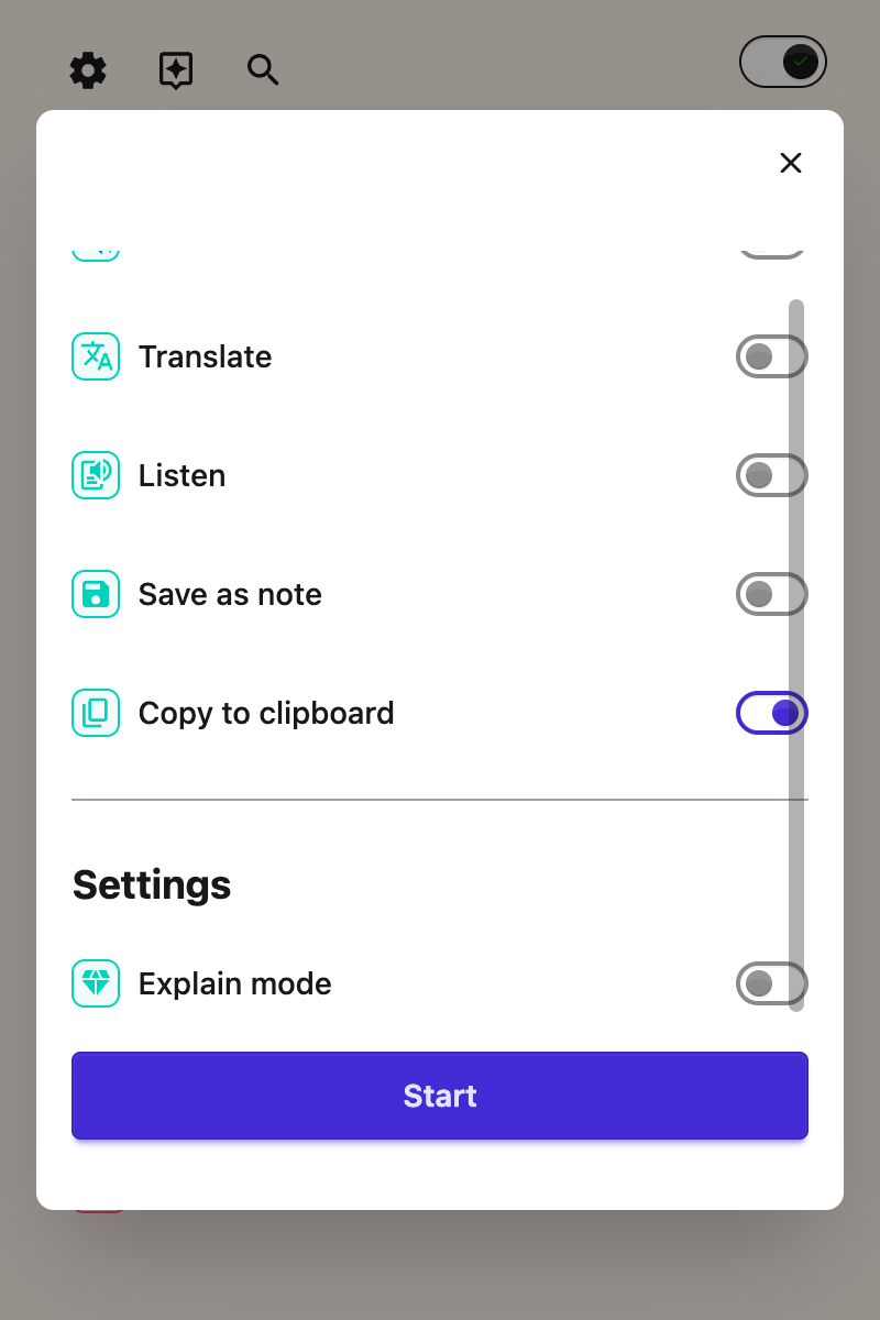 The Screenshot Reader options, with Explain mode and the choices for where the captured text is sent