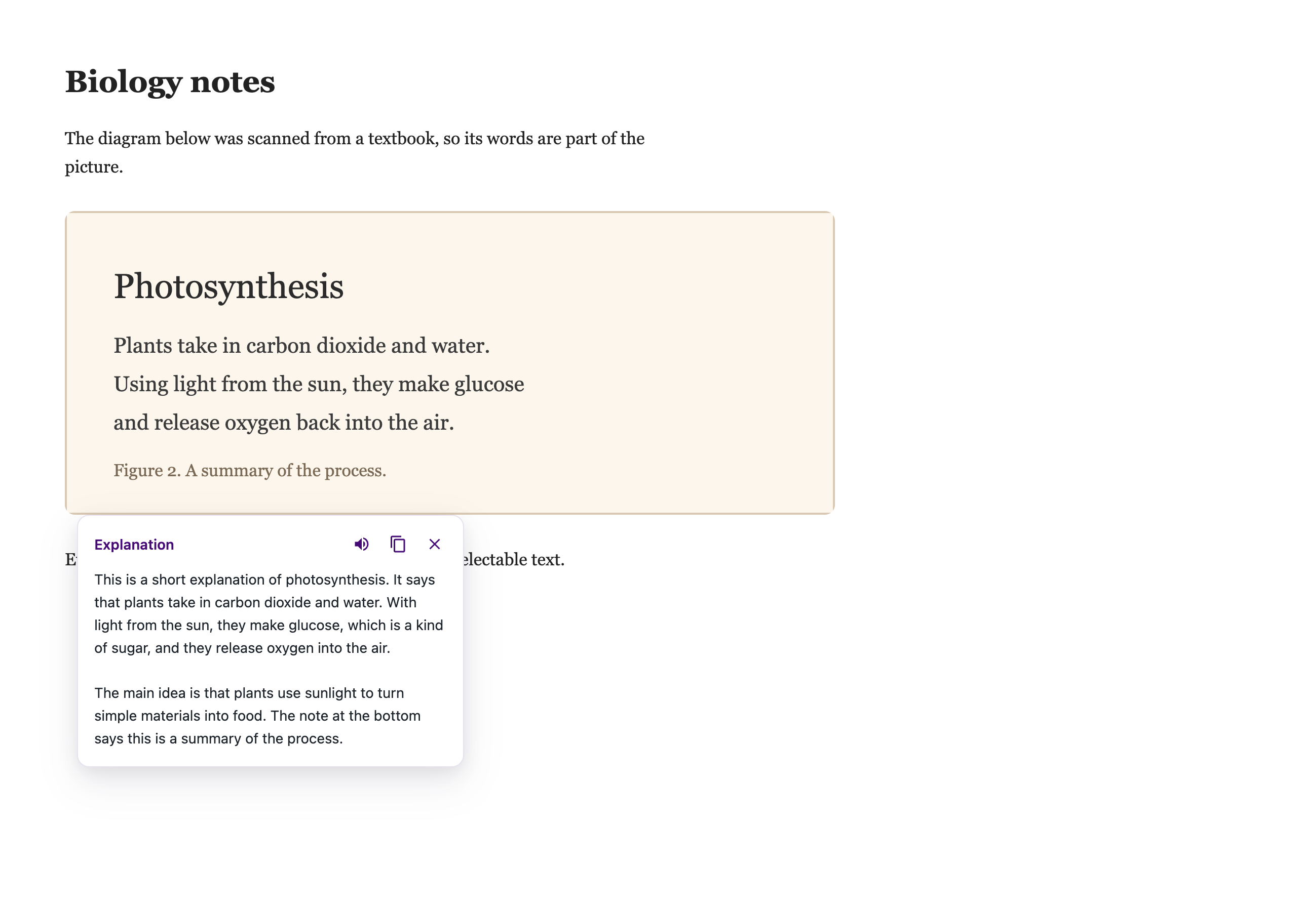 The Screenshot Reader card on the page, explaining the captured region in plain language, with buttons to listen to it, copy it and close it