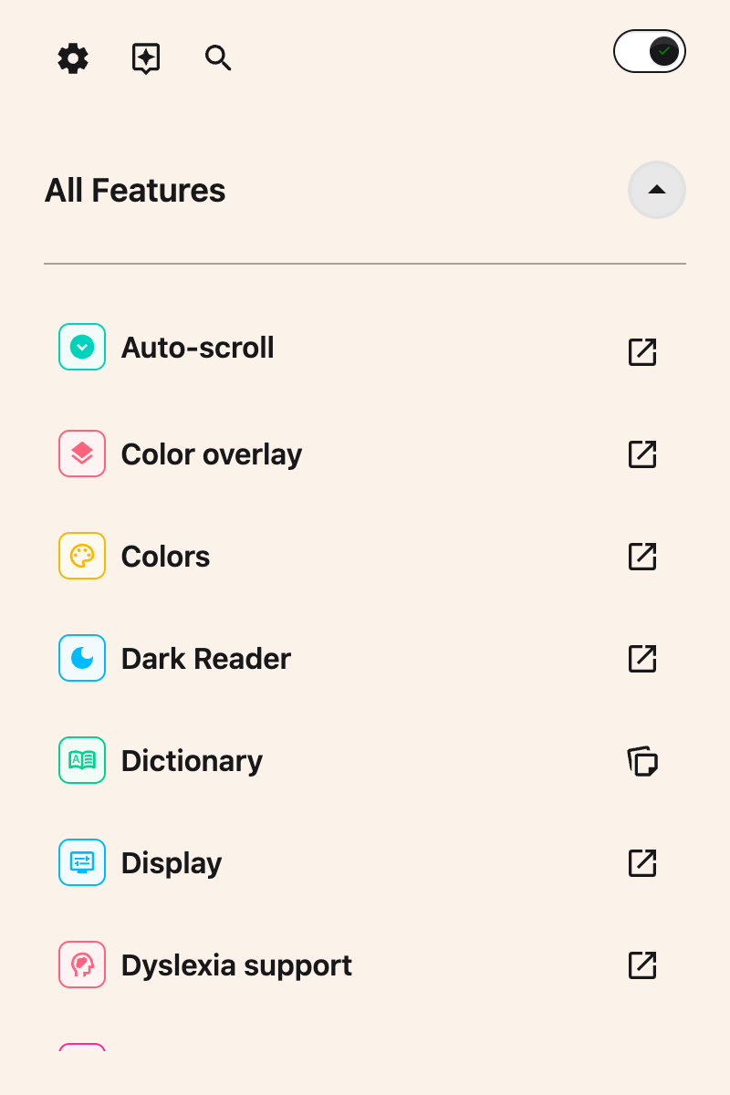 The All Features list in the Helperbird popup, showing every feature in alphabetical order